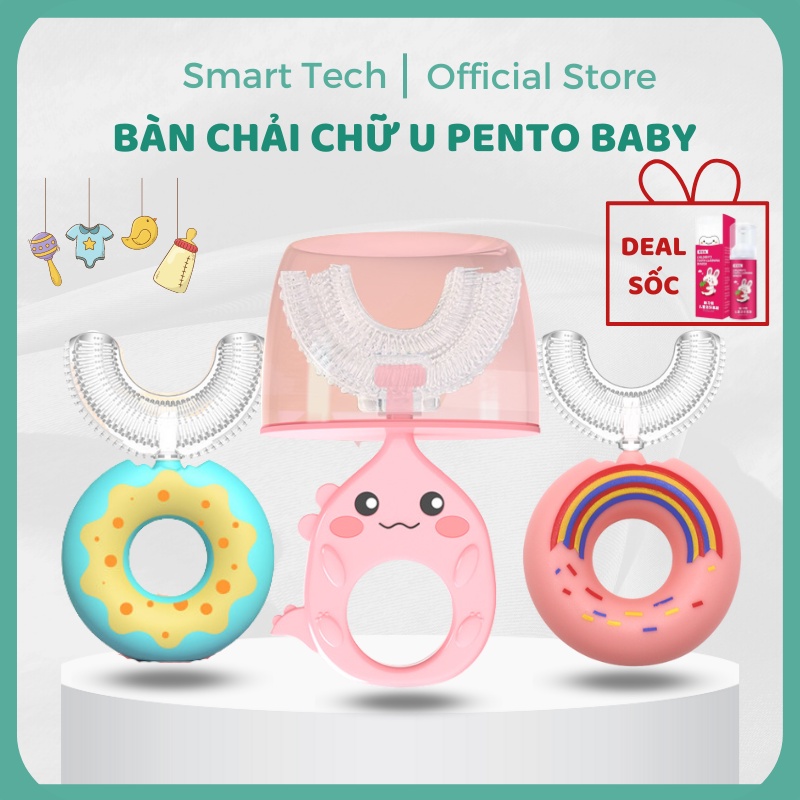 Bàn chải đánh răng cho bé Pento Baby, Bàn chải đánh răng chữ U cho bé 2 tuổi siêu mềm có kèm cốc đánh răng tiện lợi