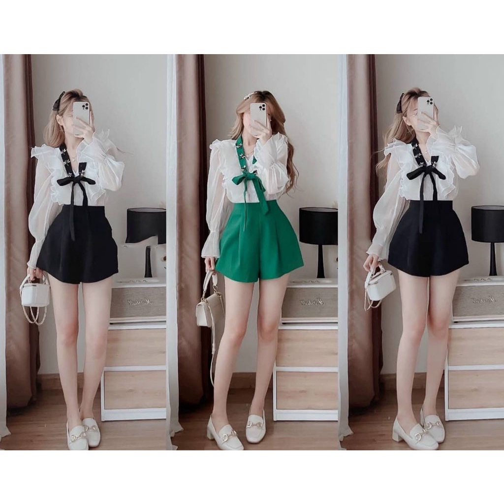 Set bộ nữ tay dài bèo vai kèm quần dây nơ có đính ong sang trọng tinh tế