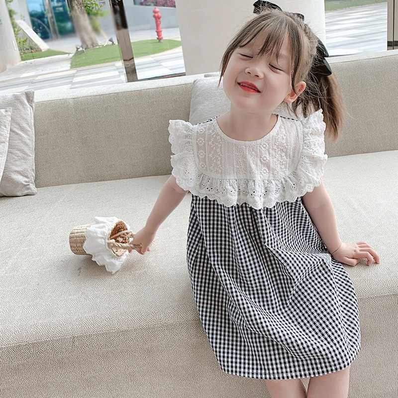 Đầm Công Chúa Cổ Tròn Phối Ren Họa Tiết Sọc Caro Ngọt Ngào Thời Trang Mùa Hè Cho Bé Gái