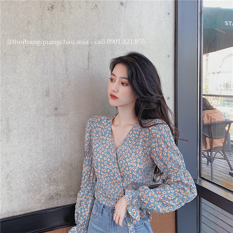 Áo Croptop Hoa Nhí Xanh Bo Eo “Phong Cách Hàn Quốc” Mã QC65