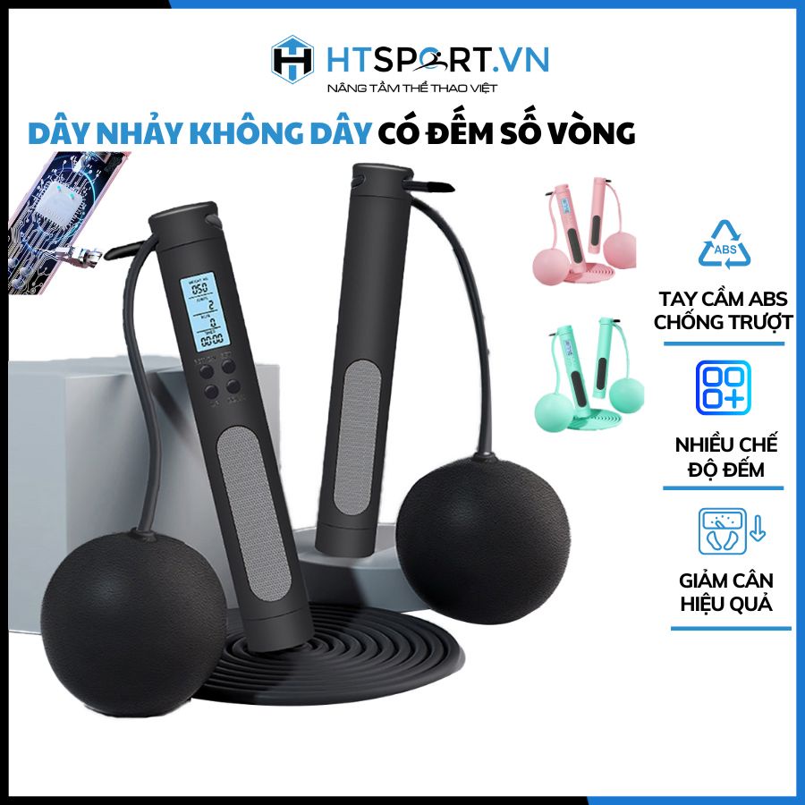 Dây Nhảy Điện Tử Cán Trụ Cao Cấp Có Đếm Số Vòng, Dây Nhảy Không Dây Có Bóng Giảm Cân Luyện Thể Lực