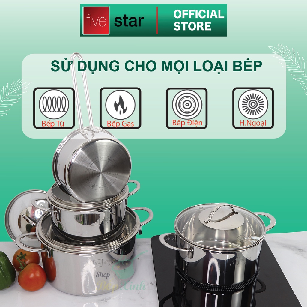 Bộ nồi 3 lớp đáy liền inox 304 cao cấp Fivestar Plus 4 món quai oval nắp kính , dùng được mọi bếp , tặng 1 vá canh