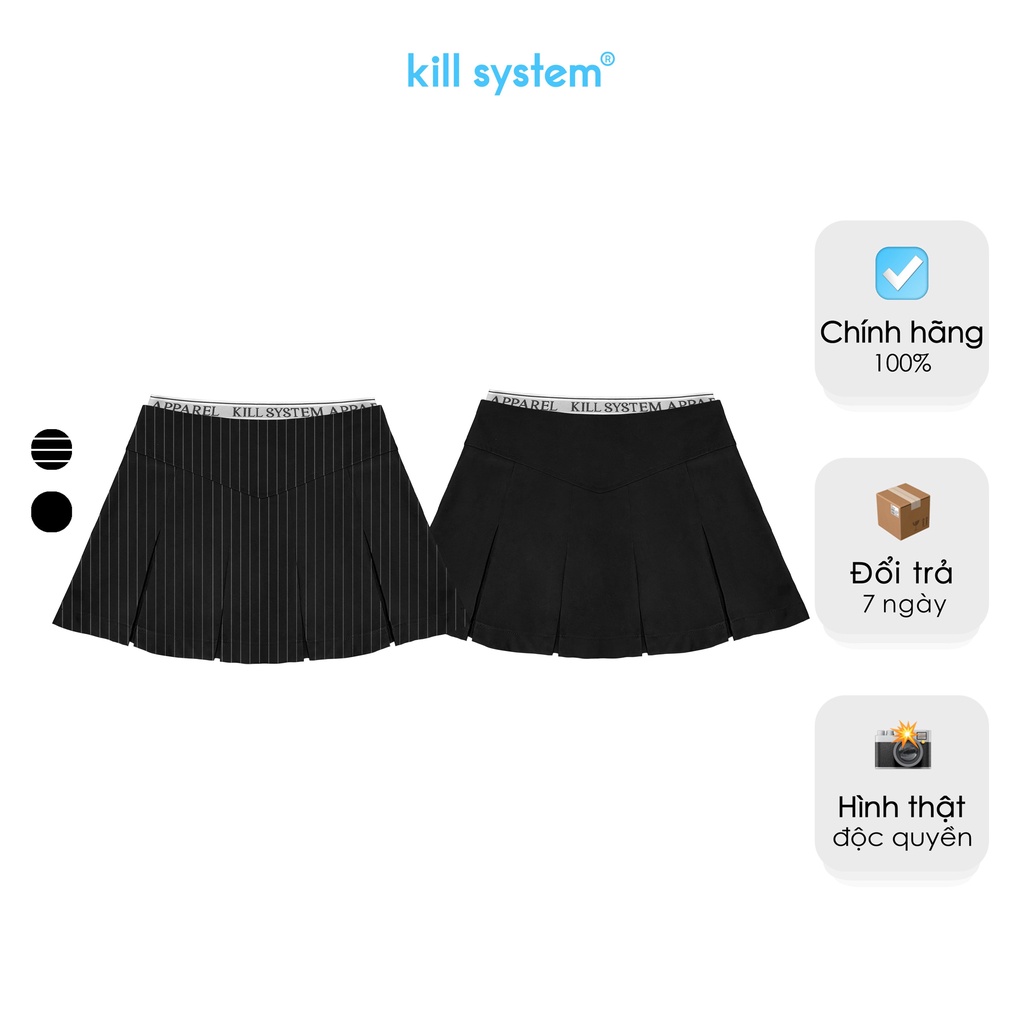 Chân váy ngắn xếp ly phối lưng thun có lót trong màu đen, đen kẻ sọc Jenny mini skirt Killsystem