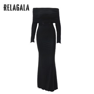 RelaGala Thời trang nữ Váy dài tay xếp ly lệch vai gợi cảm
