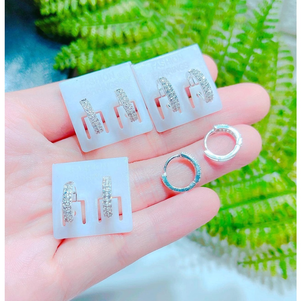 bông tai bấm kiểu hai hàng đá_ bạc kim hưng