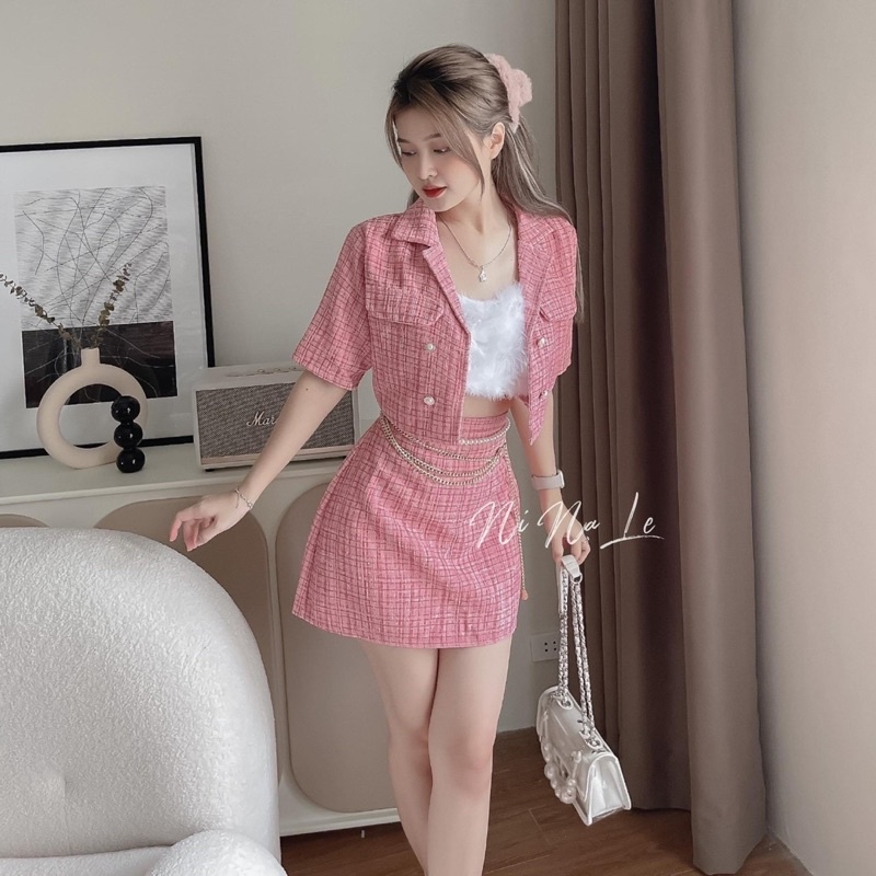 SET ÁO CROPTOP KÈM CHÂN VÁY DẠ HỒNG
