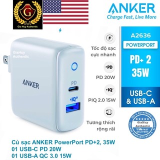 Củ sạc nhanh ANKER A2636 PowerPort PD+2 35W 1C PD 20W & 1A PiQ 2.0 15W - Hàng phân phối uỷ quyền
