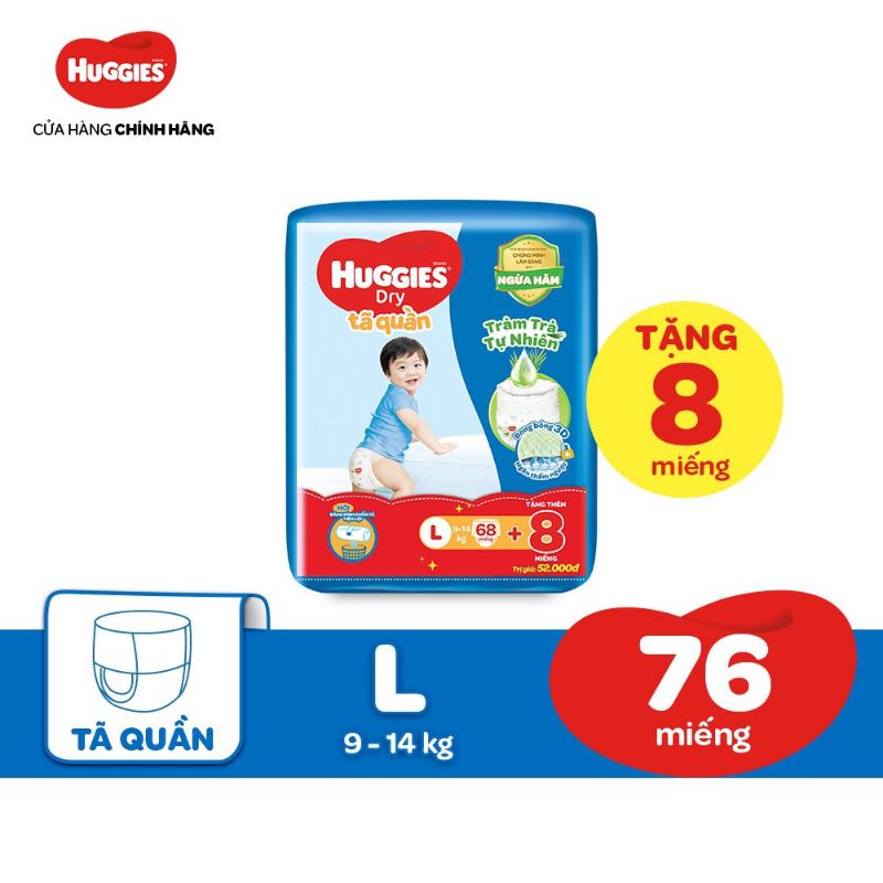 Tã Quần Huggies Tràm Trà Tự Nhiên Dry M74+10/ L68+8/ XL60+8/ XXL52+8 Miếng
