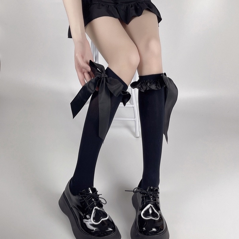 Tất bắp chân nữ đính nơ to phong cách lolita đáng yêu tất vớ nữ cổ cao siêu co giãn, tất cổ cao nơ ruy băng JK cosplay