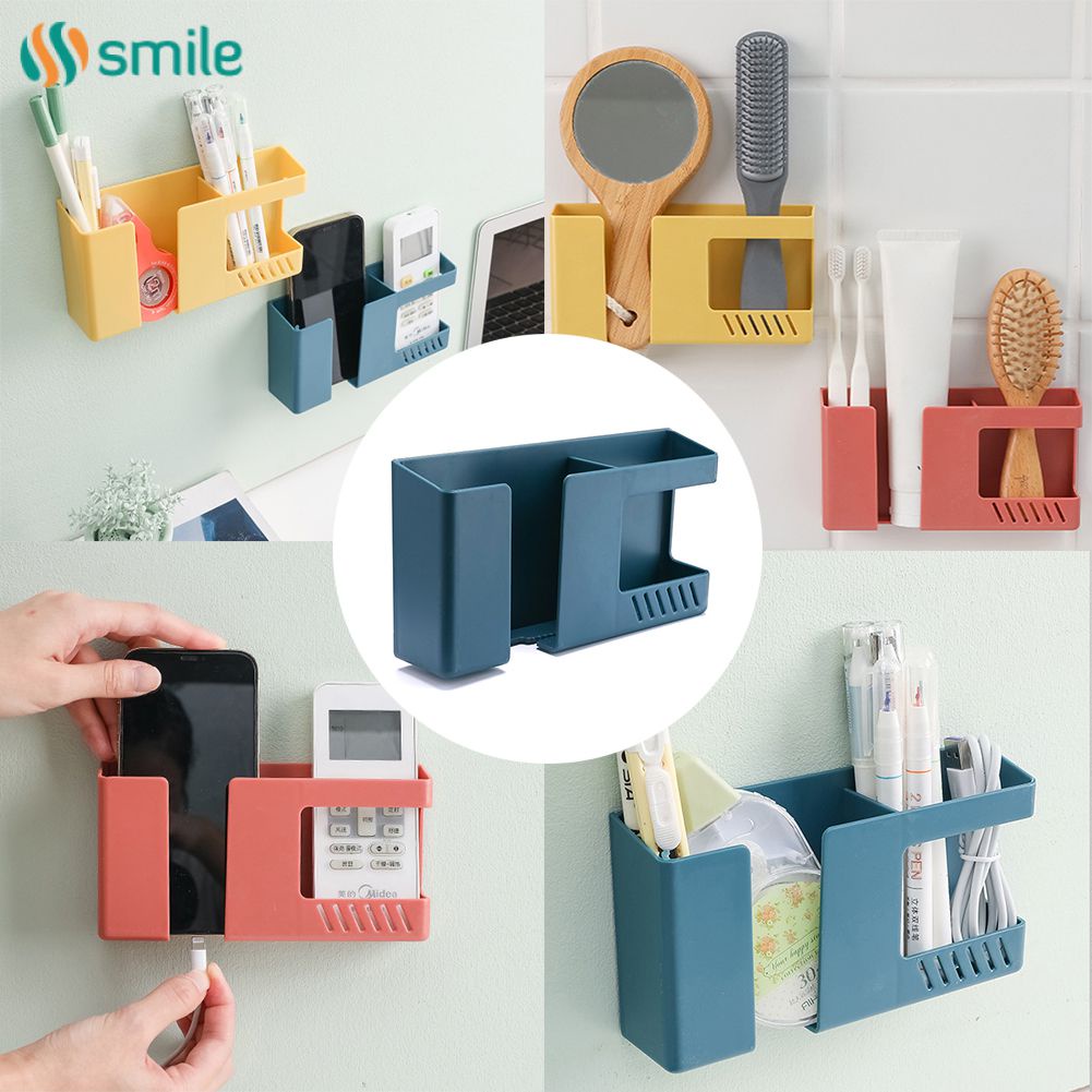 ღ Hộp Đựng Đồ Gắn Tường 2in1 Giá Sạc Điện Thoại Di Động Giá Đỡ Điều Khiển Từ Xa Hai Mắt Cáo Hộp Đựng Bút Không Cần Đục Lỗ Dụng Cụ Sắp Xếp Đồ Lặt Vặt Để Bàn Gia Đình