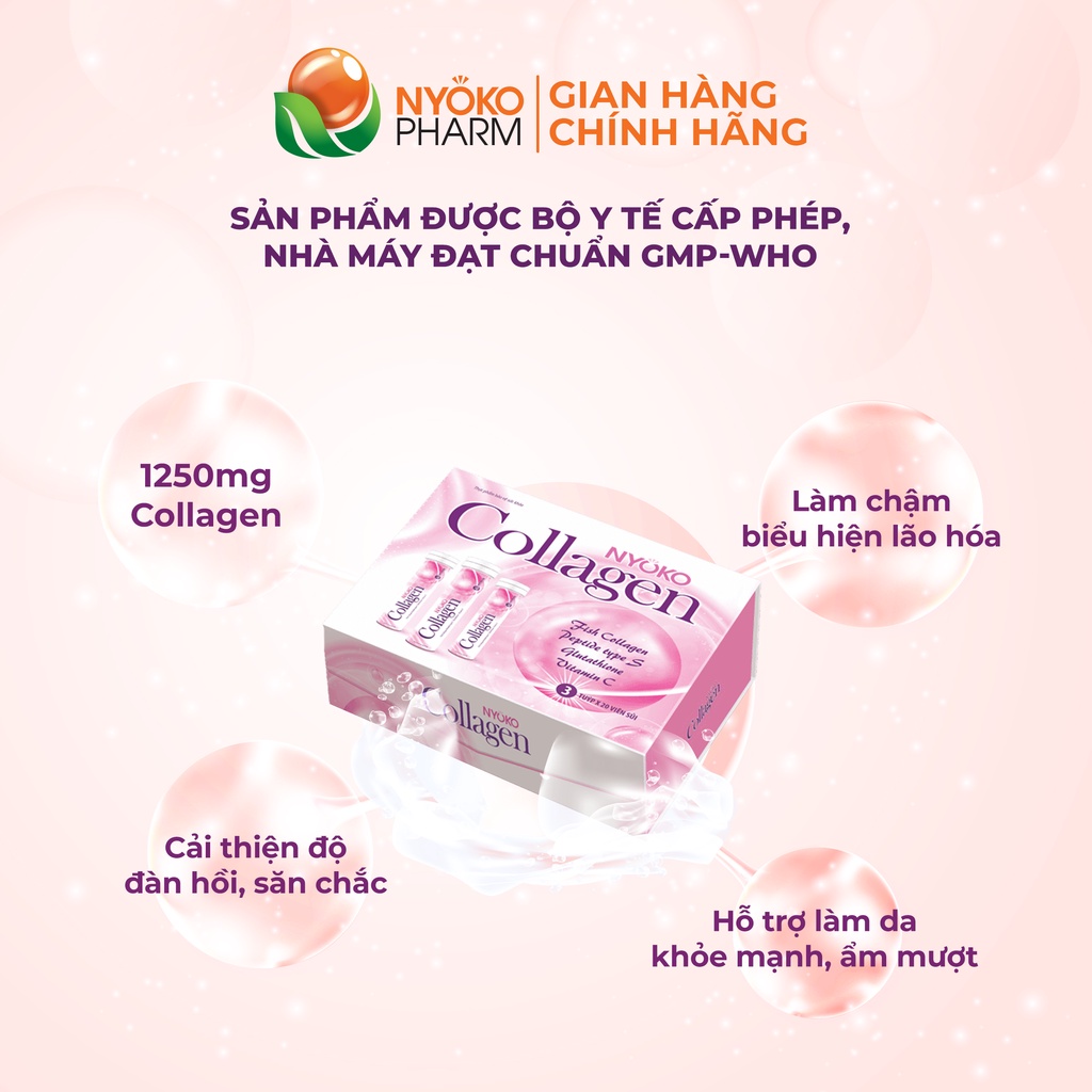 Collagen uống thủy phân Nyoko chiết xuất cá tuyết Nhật Bản chống lão hóa hàm lượng 1250mg/viên hộp 3 lọ x 20 viên