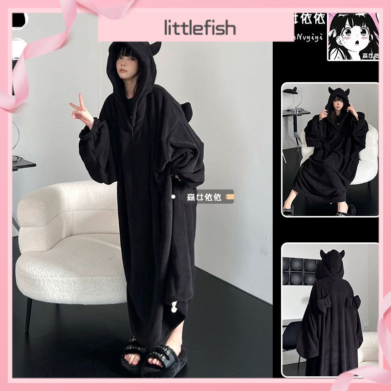 Hàng Có Sẵn Vận Chuyển!Little Devil ~ Đầm Ngủ Lông Cừu San Hô Dáng Dài Màu Đen Chất Lượng Cao Phong Cách Mới Mặc Ở Nhà Mùa Đông