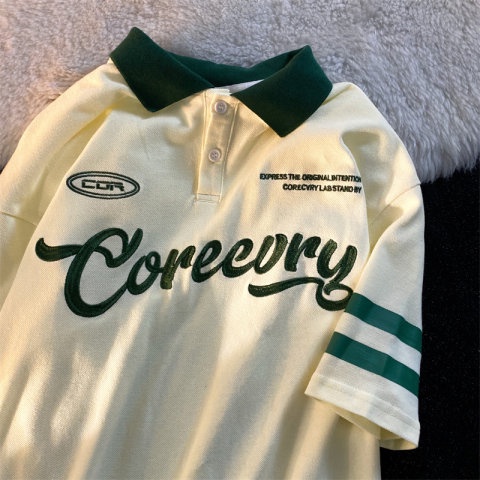 Áo Thun POLO Ngắn Tay Họa Tiết Kẻ Sọc Thêu Chữ Màu Tương Phản Phong Cách Âu Mỹ Thời Trang Mùa Hè Mới