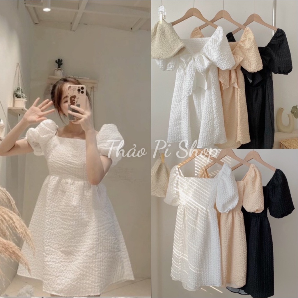 ĐẦM BABYDOLL GẤM XỐP CỔ VUÔNG THẮT NƠ LƯNG - CÓ MÚT NGỰC CHẤT SIÊU XỊN CAO CẤP VÁY MẶC TẾT