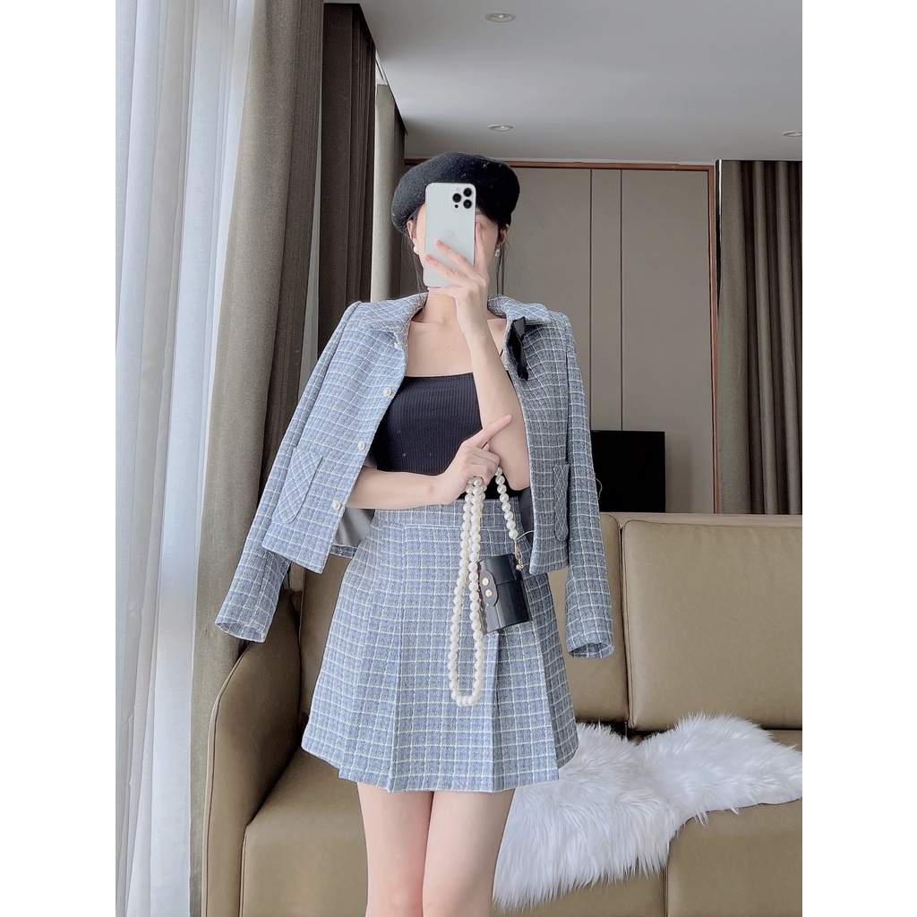 De Leah - Áo Suông Tweed Nơ Cổ & Chân Váy Tweed Xếp Li - Thời Trang Thiết Kế