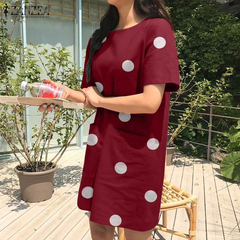 ZANZEA Đầm Tay Ngắn Họa Tiết Chấm Bi Thời Trang Cho Nữ