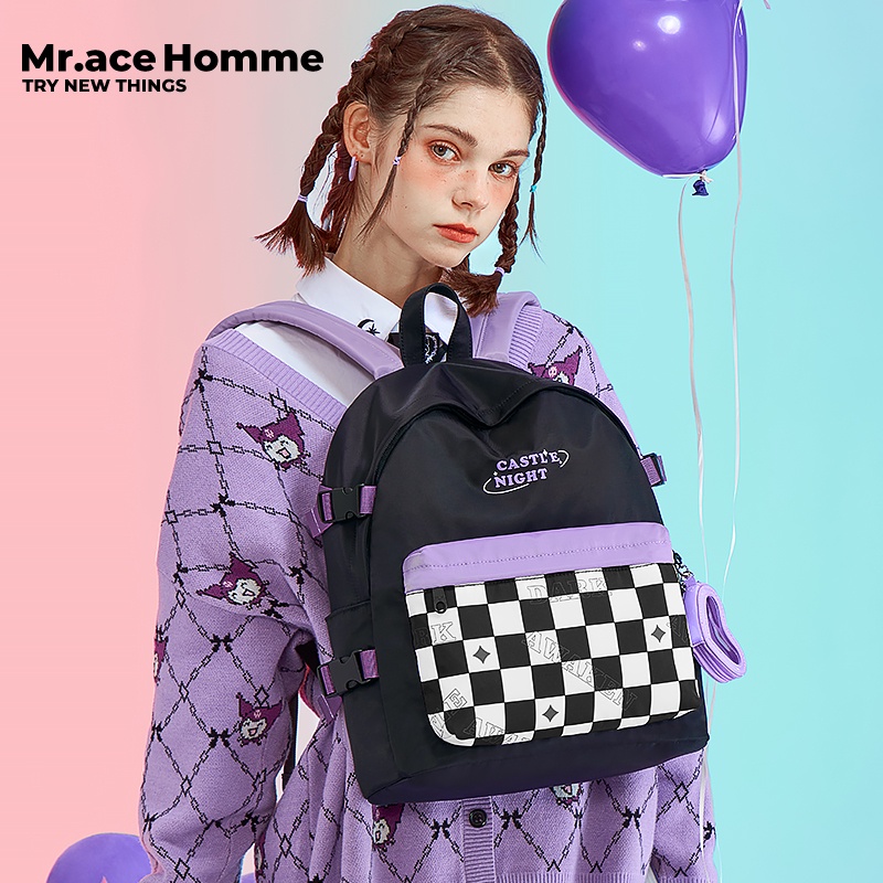Mr. ace Homme Backpack Ba lô Túi Xách Tự Làm Họa Tiết Kẻ Ô Đơn Giản Cho Nữ Sinh Đại Học
