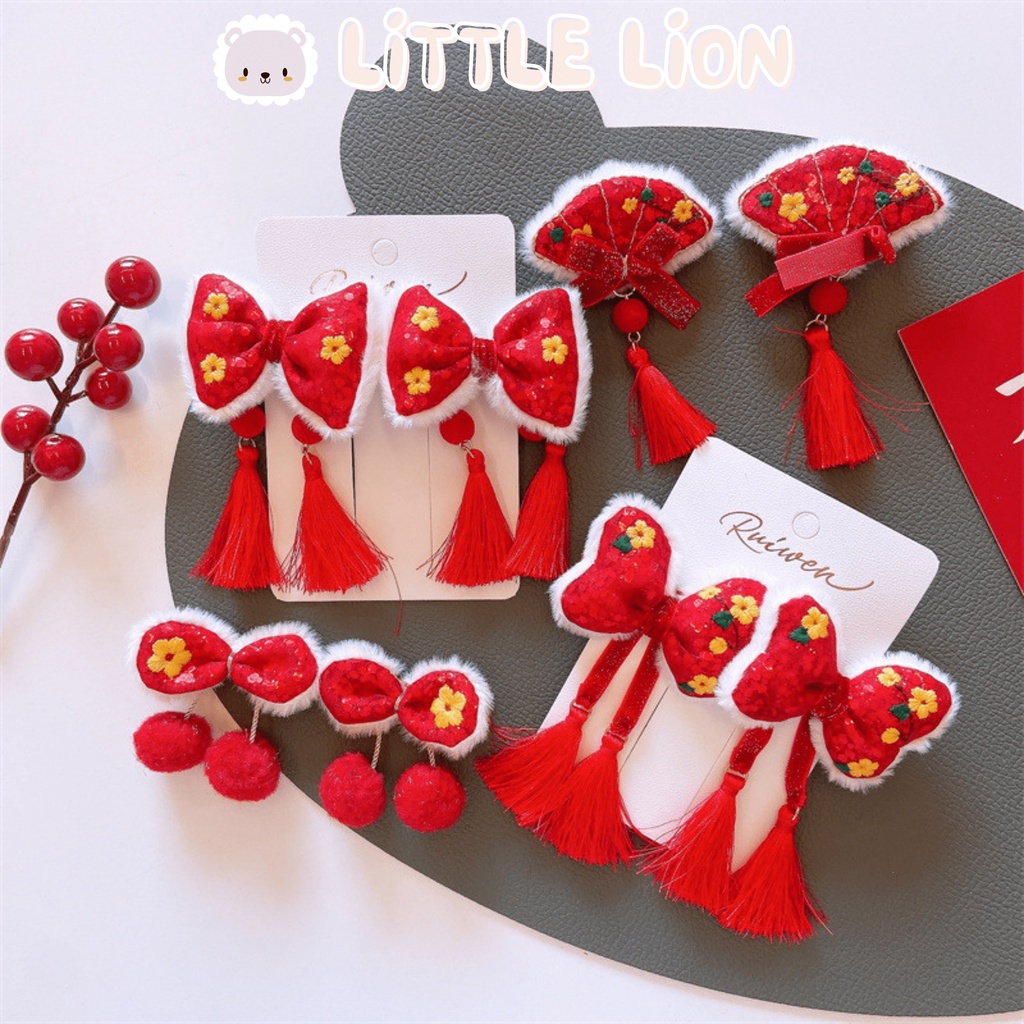 Kẹp Tóc Bông Hoa Màu Đỏ Lấp Lánh Phong Cách Trung Hoa Dễ Thương Cho Bé Gái Dịp Lễ Tết Năm Mới