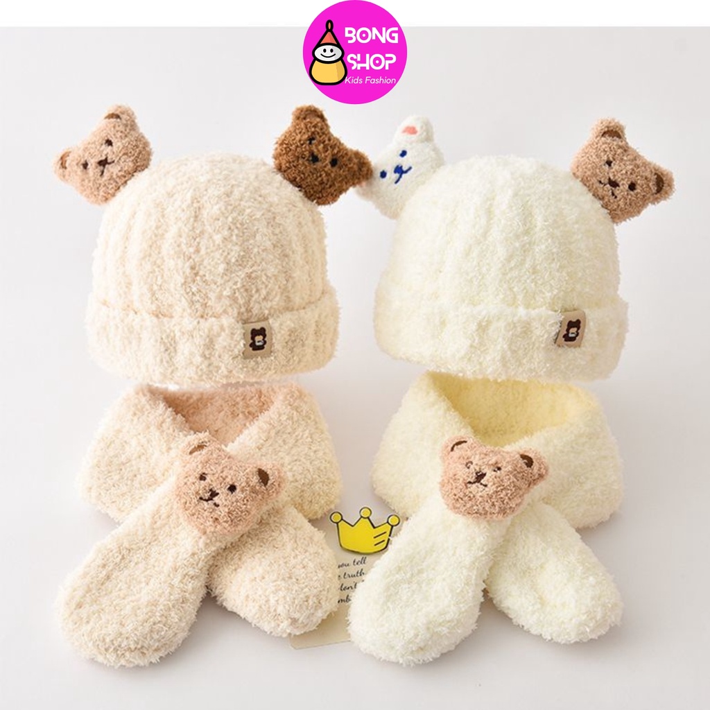 Set mũ và khăn quàng cổ len hình gấu dành cho bé trai bé gái 1 - 3T  mùa đông ấm áp