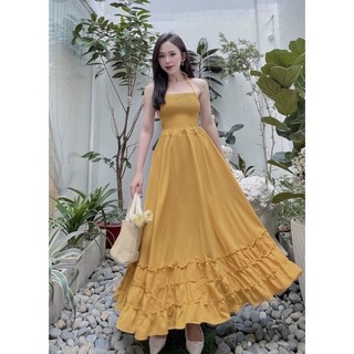 gv79- đầm maxi vàng nhún