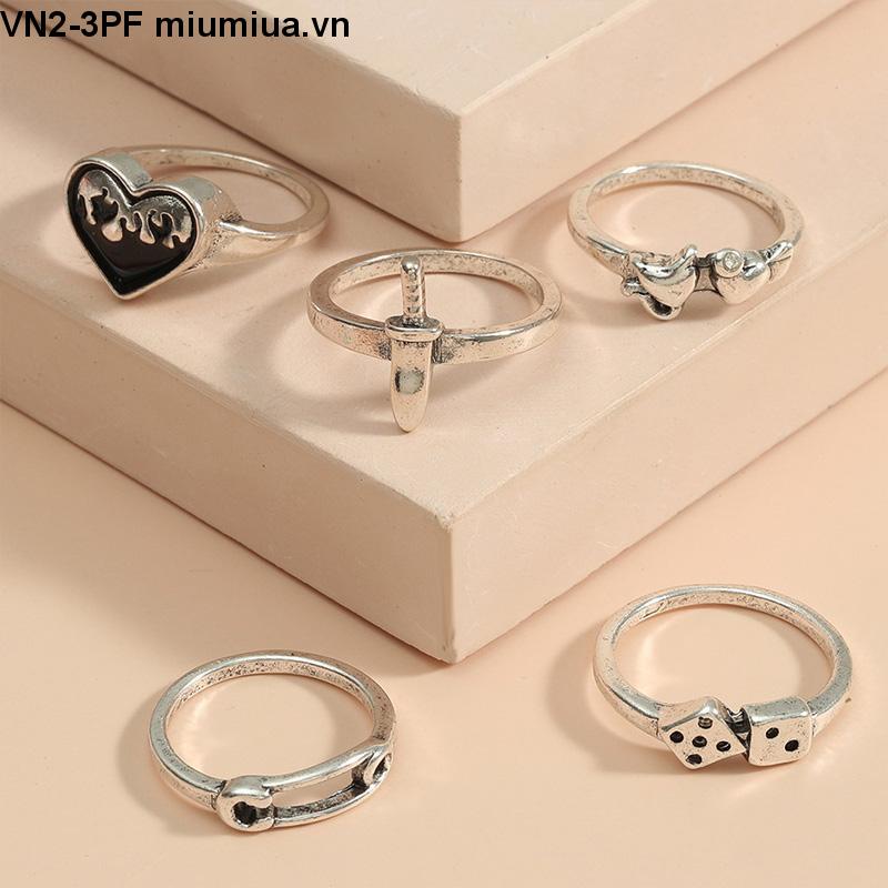 INS Nhẫn kim loại cổ điển Bộ 5 mảnh Retro cho nam và nữ