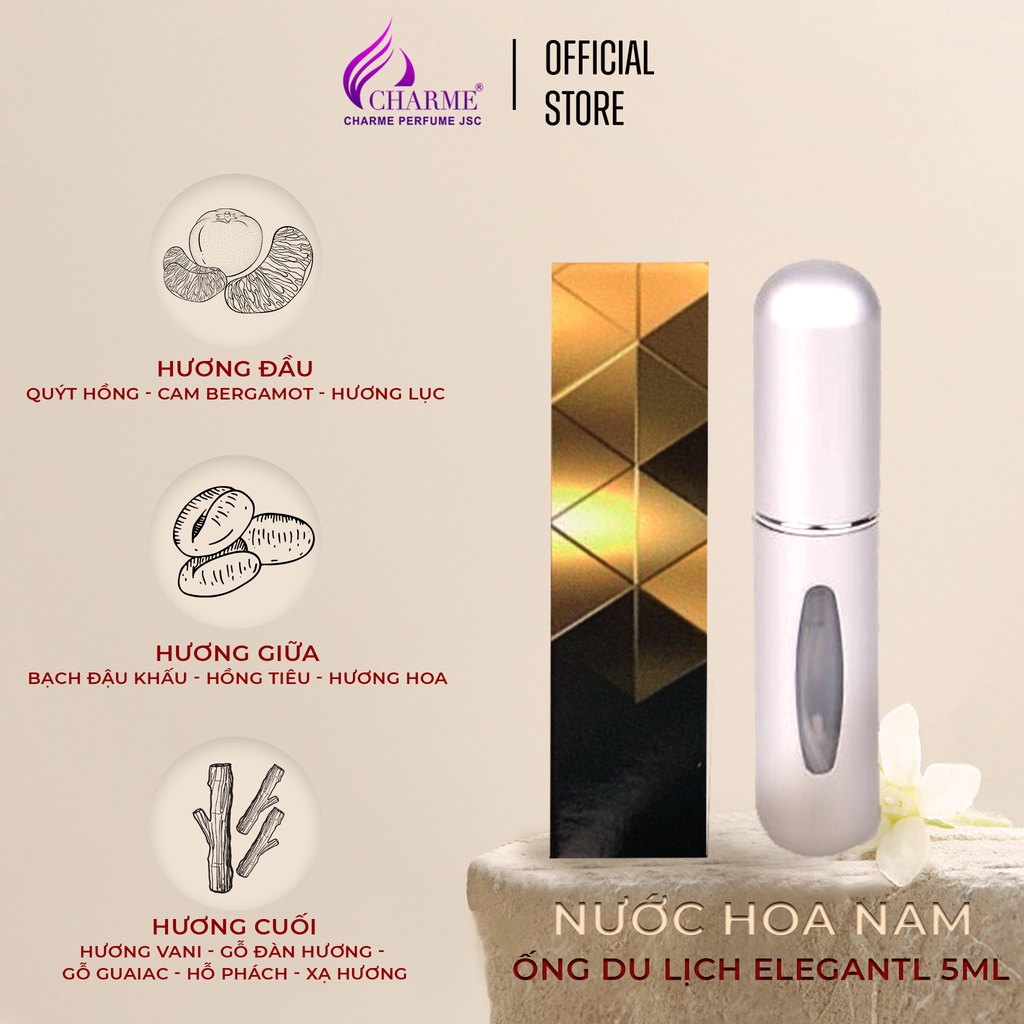 Nước hoa nam lưu hương lâu, Charme Elegant, ống chiết du lịch mini, hương biển, hiện đại và nam tính, 5ml