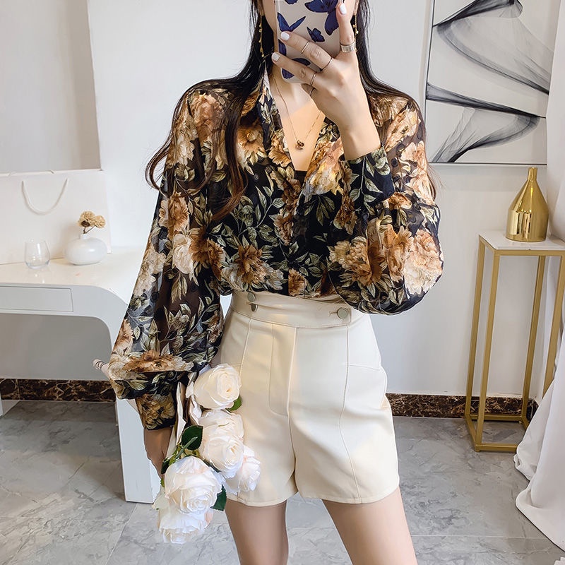 Áo Sơ Mi Chiffon Tay Dài Dáng Rộng In Họa Tiết Hoa Thời Trang Mùa Hè Xinh Xắn Cho Nữ