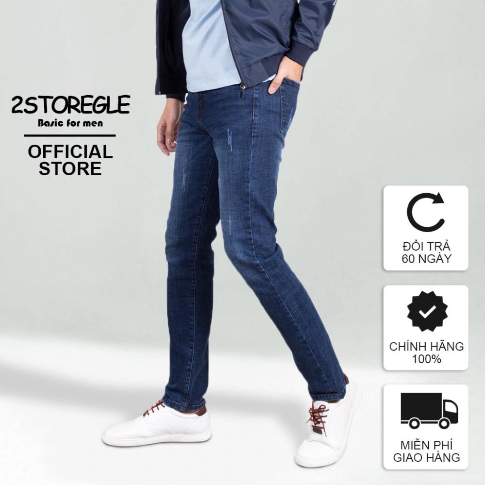 Quần Bò Nam Xước Xanh Đậm 2STOREGLE Dáng Body Slim Fit Chất Mịn Đẹp Không Xù Lông Không Bai Gião *
