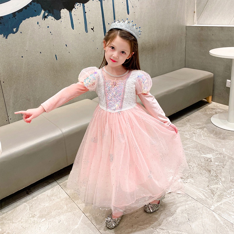 Váy Elsa tay dài màu hồng cam - mẫu mới 2023 cho bé gái 3-10 tuổi