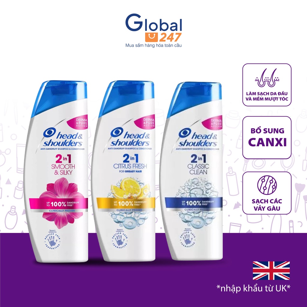 Dầu gội và xả 2 trong 1 Head & Shoulders Citrus Fresh, Classic Clean, Smooth & Silky 450ML - Nhập từ Anh