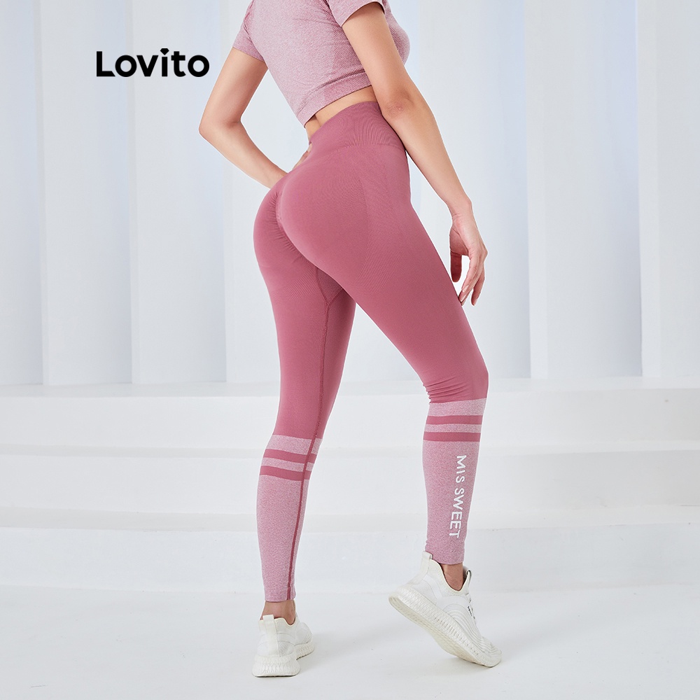 Quần legging lovito l04046 dáng ôm thể thao không xuyên thấu độ co giãn cao họa tiết ghép màu xanh dương/hồng