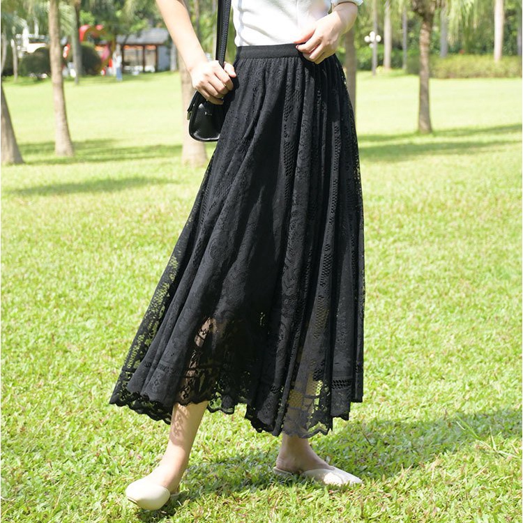 (55KG.LINH - HÀNG SẴN) Chân váy ren họa tiết hoa form xòe rộng, có lớp lót mịn - Chân váy dáng dài lưng chun