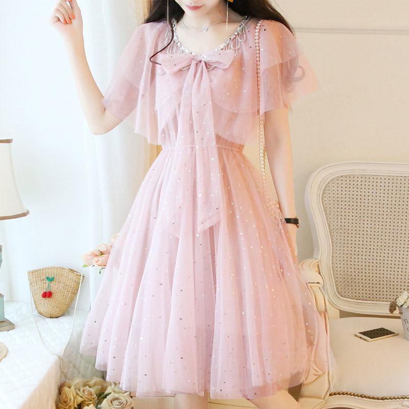 Đầm Xòe Phối Nơ Đính Kim Sa Lấp Lánh Xinh Xắn Cho Nữ