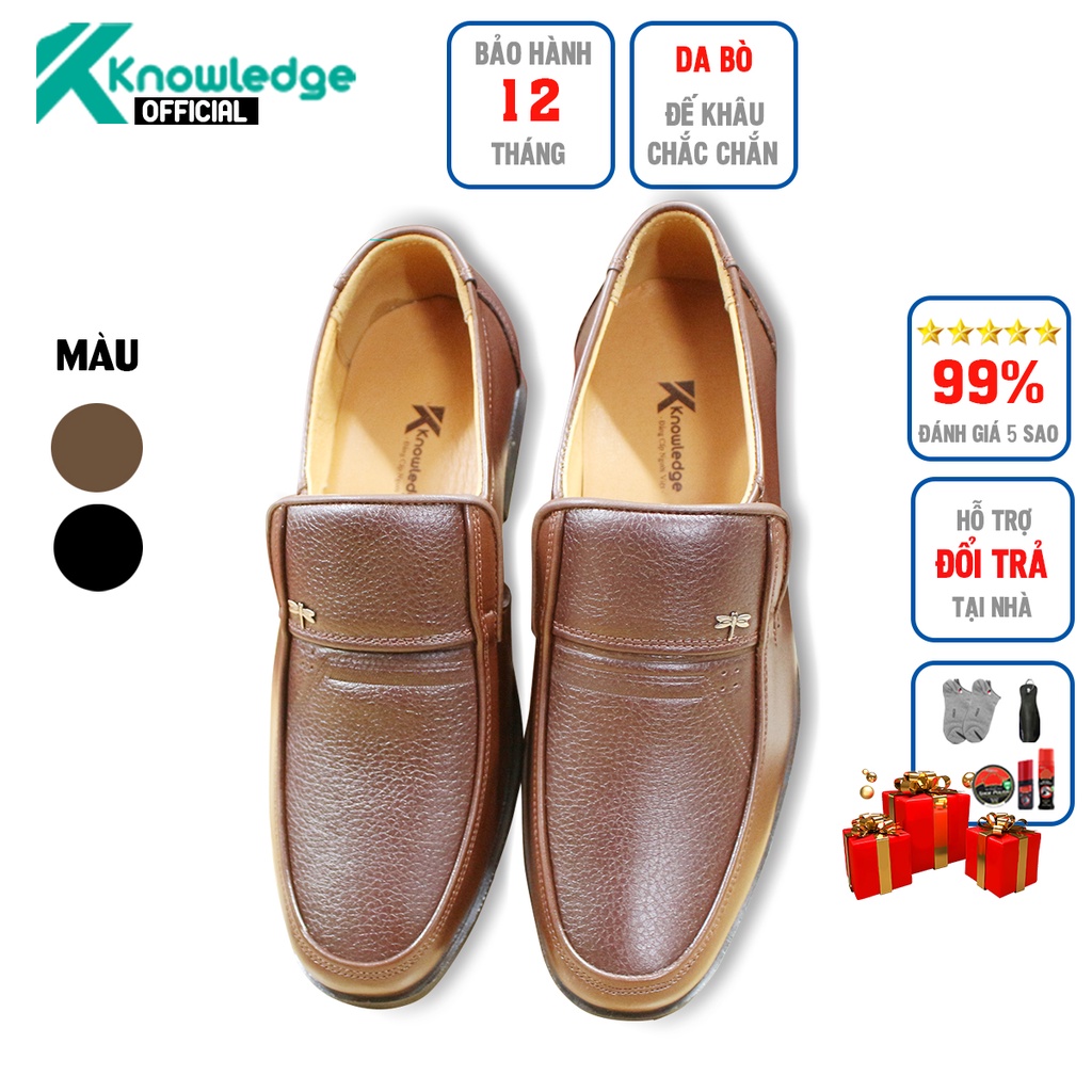 Giày Da Trung Niên Nam Da Bò Nguyên Tấm Knowledge, Giày Da Nam Cao Cấp Có Hộp Làm Quà Tặng Size 38-44.