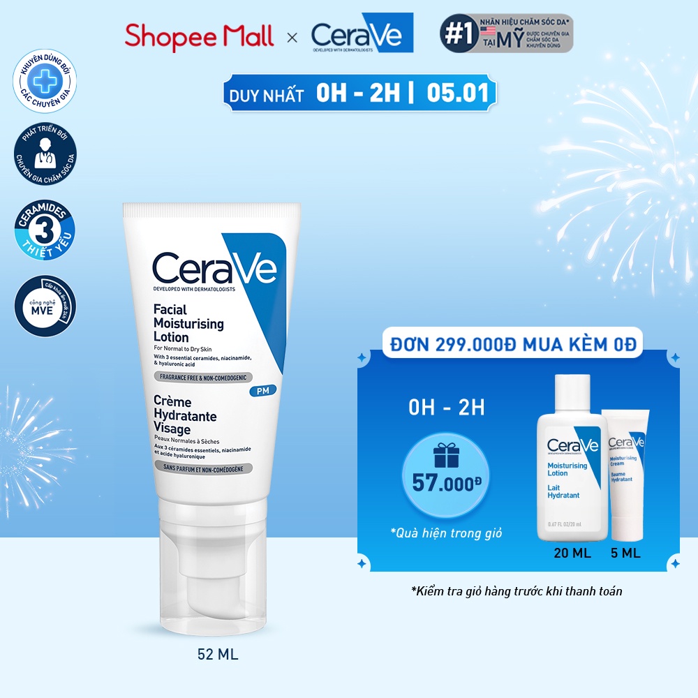 Mã COSACD6 giảm 10% đơn 400K Sữa dưỡng ẩm ban đêm Cerave PM Facial