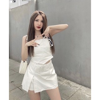 Set ống trắng tà xéo tưa chân váy kaki