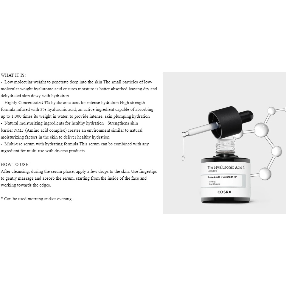 Tinh Chất Hyaluronic 3% COSRX cấp ẩm và phục hồi làn da The Hyaluronic Acid 3 20ml