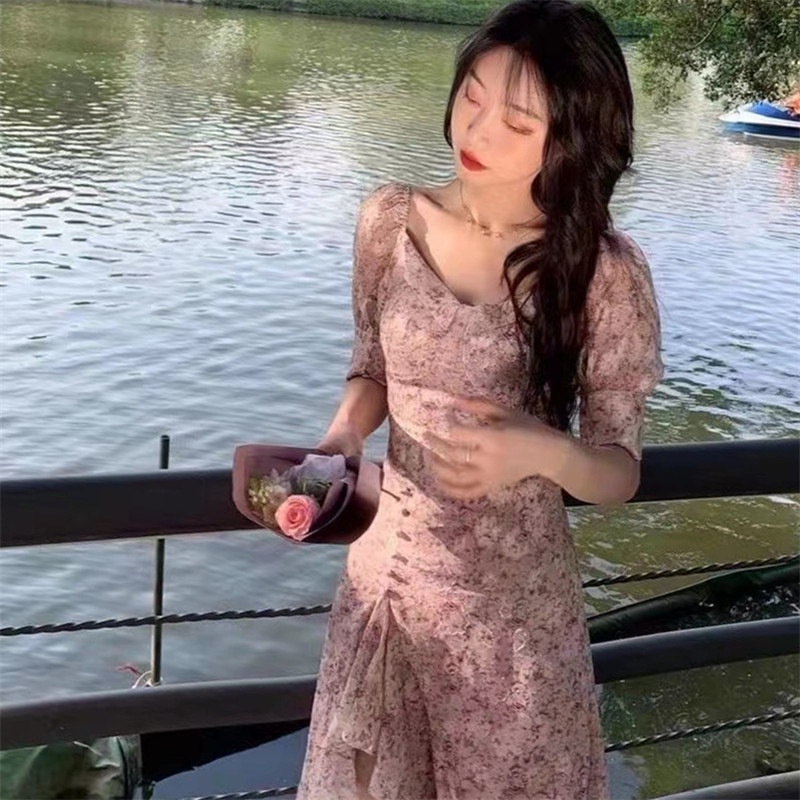 Đầm Hoa Cổ Vuông Dáng Dài Xẻ Tà Thời Trang Mùa Hè 2023 Phong Cách Pháp Cho Nữ