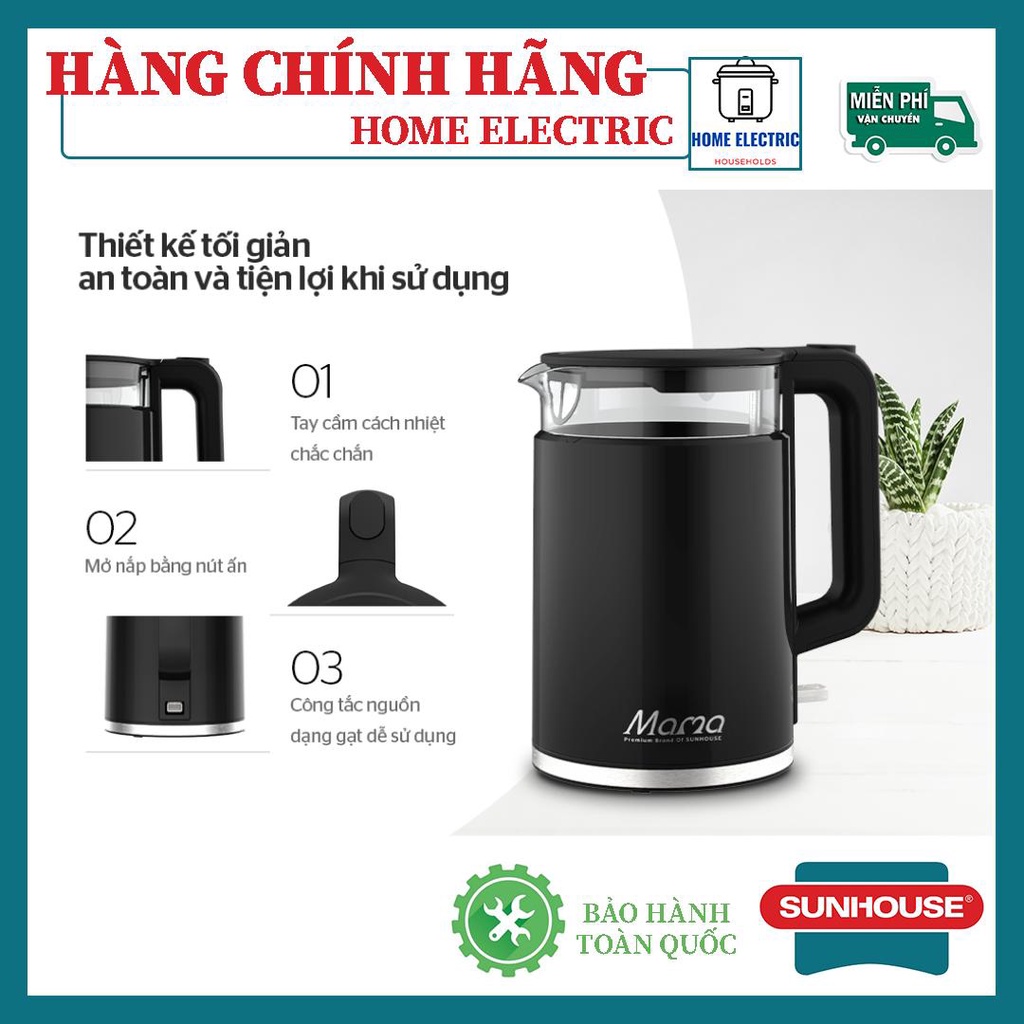 Âm siêu tôc thuy tinh 1.7L Sunhouse SHD1330 Bảo hành chính hãng 12 tháng trên toàn quốc ĐỔI TRẢ 7 NGÀY