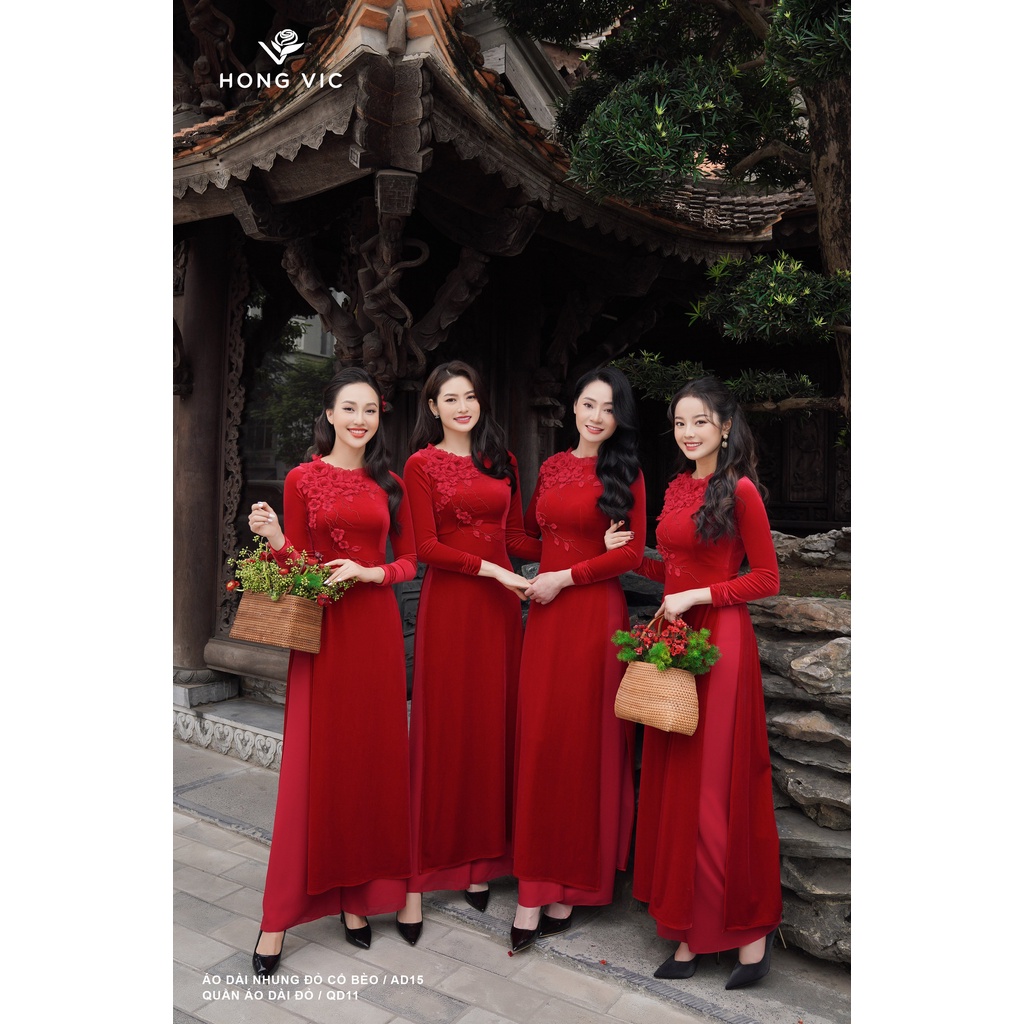 Áo dài nữ thiết kế Hong Vic nhung đỏ cổ bèo AD15
