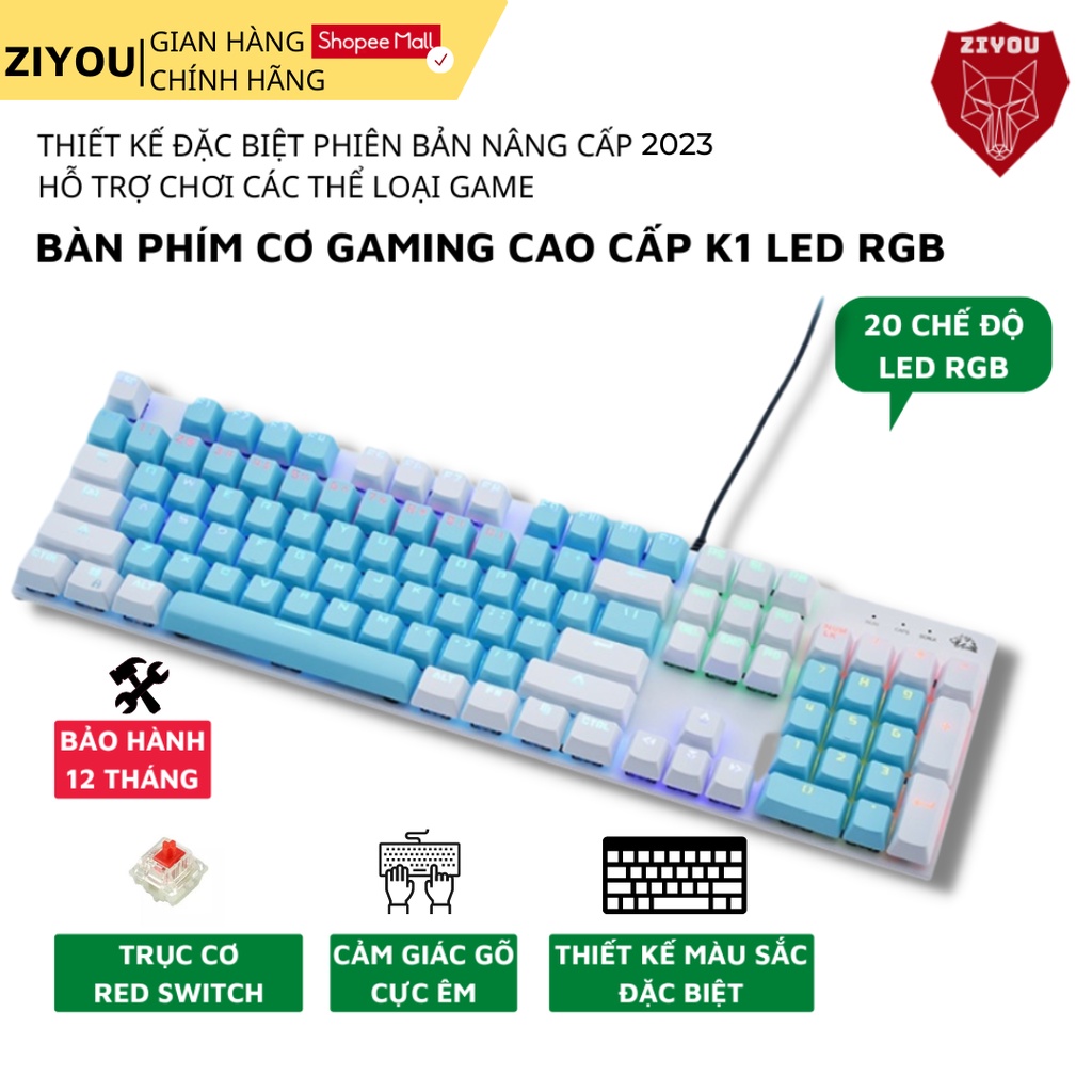 Bàn Phím CƠ Máy Tính Cao Cấp Ziyou K1 Có 20 Chế Độ Led, Sử Dụng Trục Cơ Red Switch Gõ Siêu Êm, Bản Nâng Cấp 2023