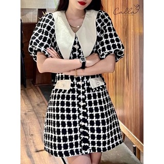 Đầm caro nâu cổ trắng nhọn (về thêm đỏ, đen)