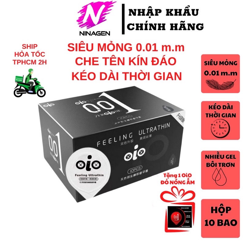 Bao cao su siêu mỏng 001 OiO nhiều gel bôi trơn kéo dài thời gian bcs chống xuất tinh sớm NinaGen