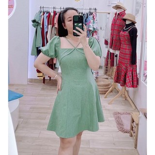 [Bigsize 45-90kg] Đầm xanh rêu dây cổ xinh xắn thiết kế giấu bụng.