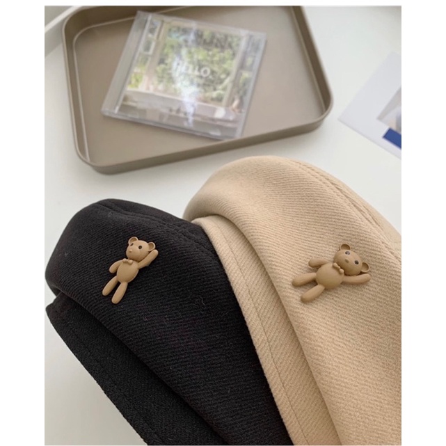 Mũ Beret, mũ nồi len họa tiết gấu phong cách Nhật Bản, thời trang thu đông cho nữ