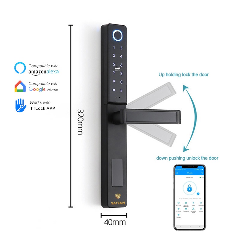 Khóa vân tay SAIYANAI A2 - Chuyên lắp cho cửa nhôm kính, cửa nhựa lõi thép, cửa sắt hộp, cửa có đố rộng bé