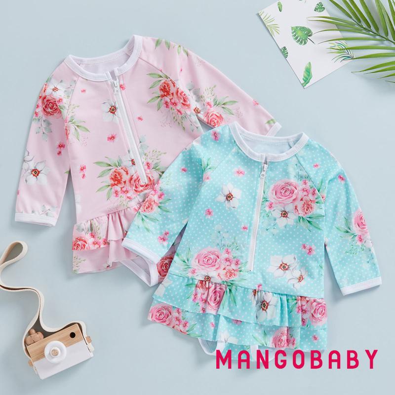 Bộ Đồ Bơi Liền Thân Cổ Tròn Tay Dài Có Khóa Kéo Họa Tiết Hoa Thời Trang Mùa Hè Cho Bé Gái