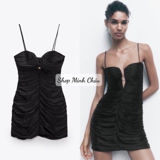 Váy 2 dây mini lụa nhún khoét ngực Zarraa canh sale