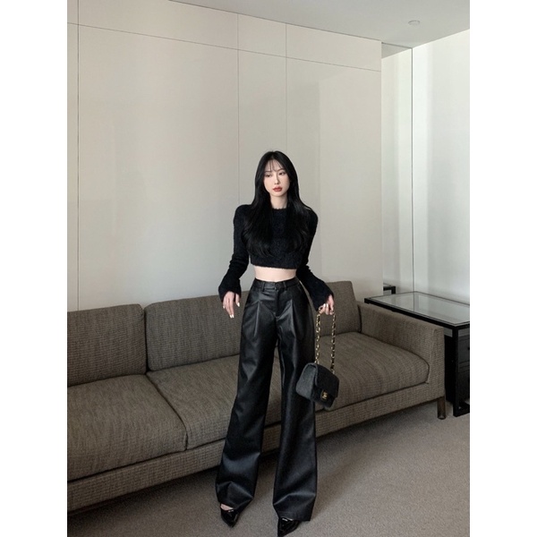 ( ORDER ) Set Áo Len Lông Croptop Dài Tay & Quần Da Dài Ống Rộng