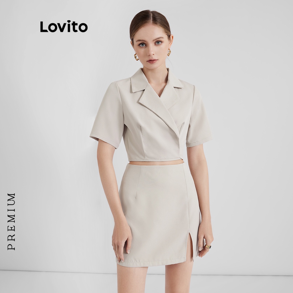 (Lovito Premium) Bộ váy nữ phối cổ áo ngắn tay trơn màu trơn L37LD039 (Kaki)